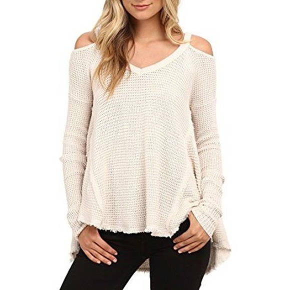 Free People Sweaters - Free People Moonshine Ivory Cold Shoulder Waffle Knit Pullover Sweater Size M